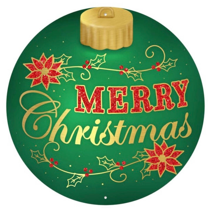 12” Round Metal Merry Christmas Ornament Wreath Sign