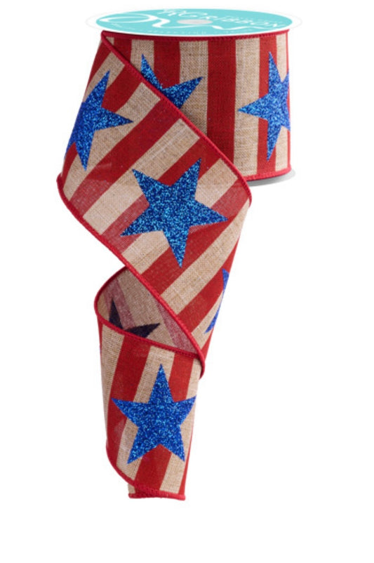 10 Yards - 2.5” Wired Patriotic Red and Natural Stripes with Royal Blue Stars Ribbon