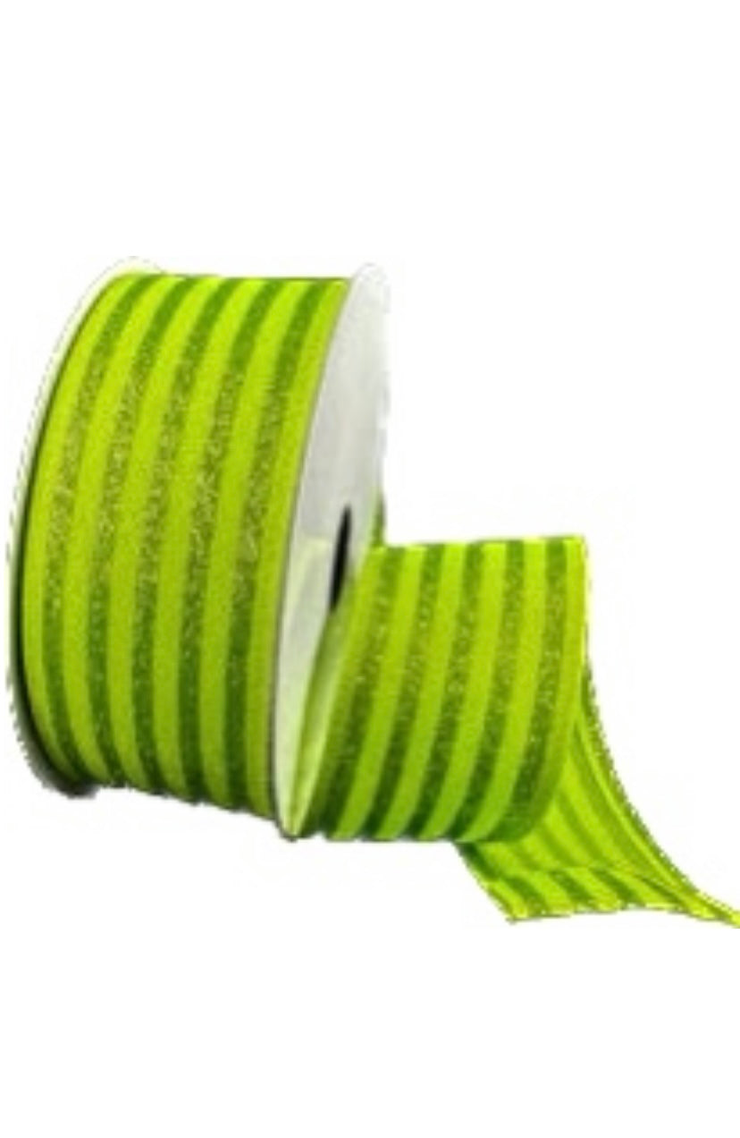 Wired Lime Vertical Stripe Glitter Accent Ribbon- 1.5” x10 Yards