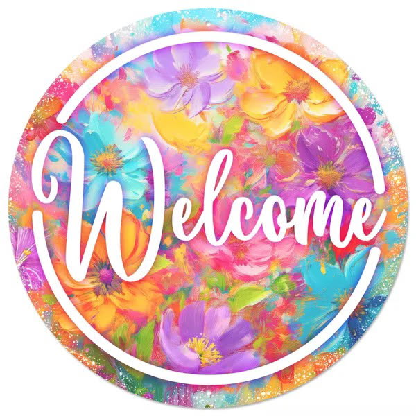 12” Round Metal Floral Welcome Wreath Sign