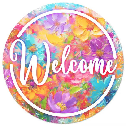 12” Round Metal Floral Welcome Wreath Sign