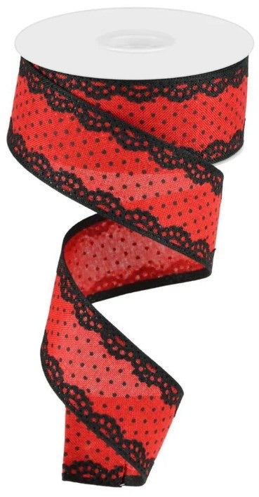 Wired Red and Black Swiss Dot Ribbon with Black Lace Detail-1.5”x10 Yards