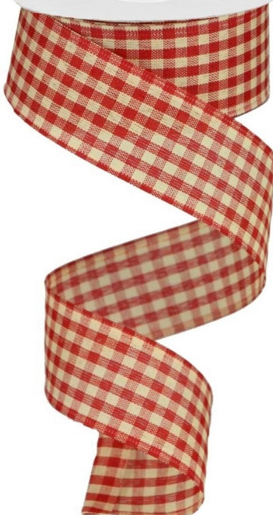 10 Yards - 1.5" Wired Red and Cream Gingham Ribbon - Christmas Ribbon