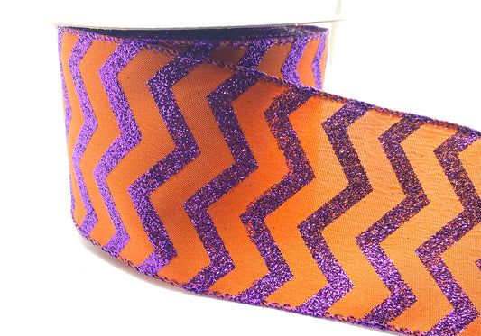 10 Yards - 2.5” Wired Orange and Purple Wavy Lines Satin Ribbon