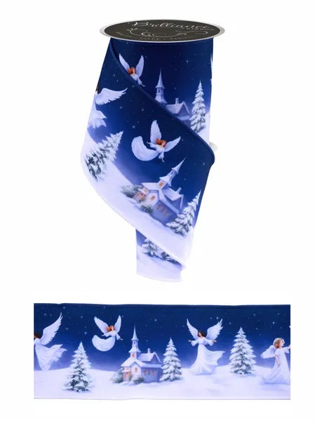 Wired Angel In Winter Scene Ribbon- 4”x10 Yards