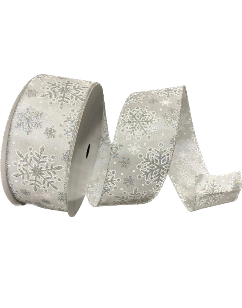 50 Yards-1.5” Silver Background with Silver Glitter Snowflakes Ribbon