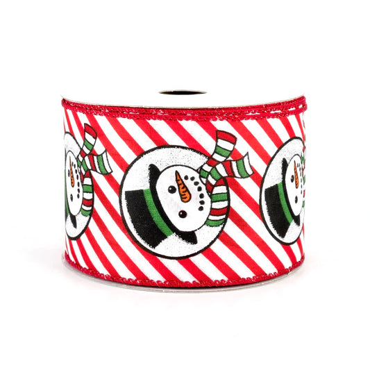 10 Yards - 2.5” Wired Red and White Striped Background Glitter Accent Snowman Ribbon