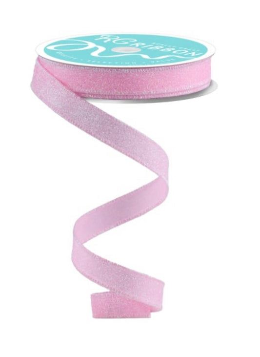 10 Yards - 5/8” Wired Light Pink Iridescent Glitter on Satin Ribbon