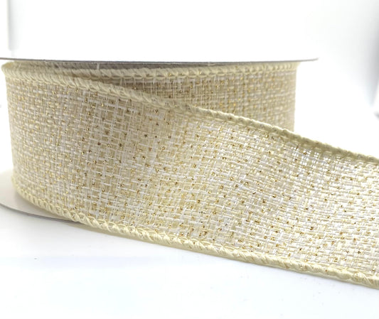 10 Yards - 1.5" Wired Ivory Gold Metallic Tweed Ribbon