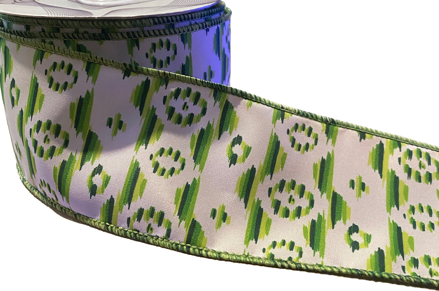 10 yards - 2.5" Wired White with Green Pattern Ribbon