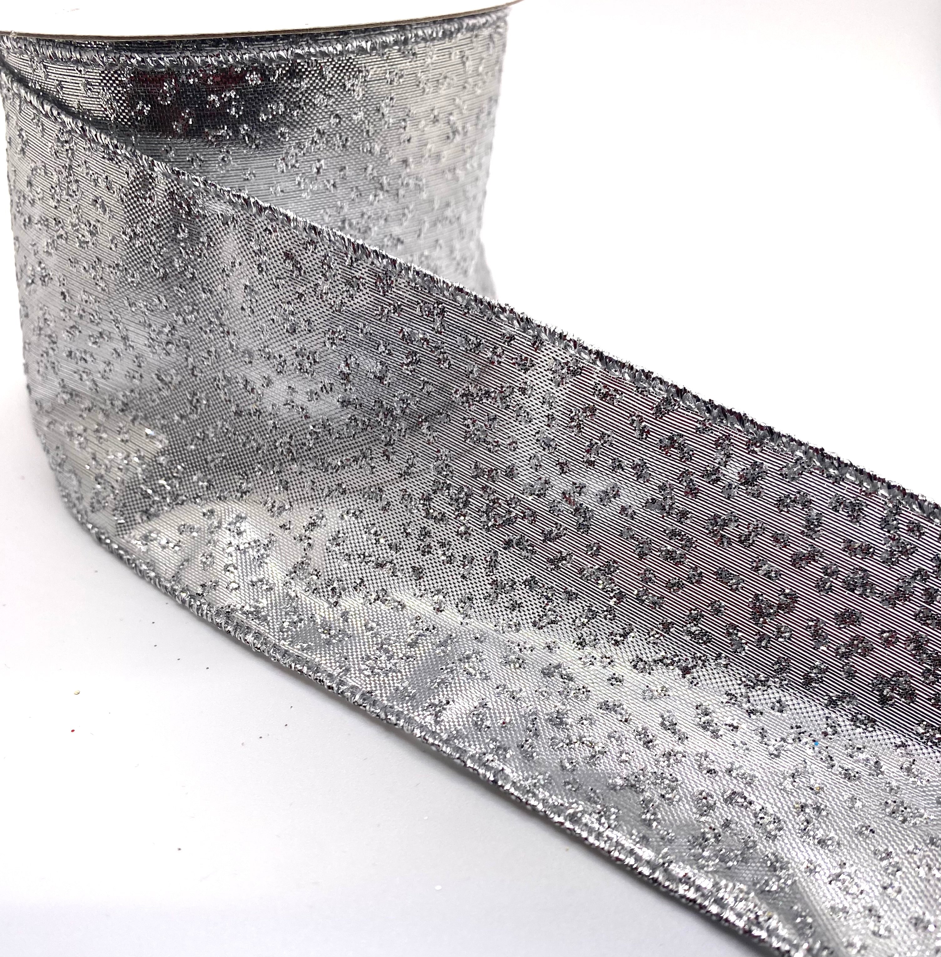 10 Yards - 2.5” Wired Silver Metallic Silver Glitter Ribbon ...