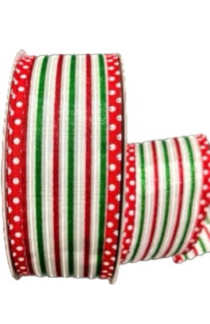 Wired White Satin Emerald and Red Stripe White Dot Edge Ribbon- 2.5”x50 Yards