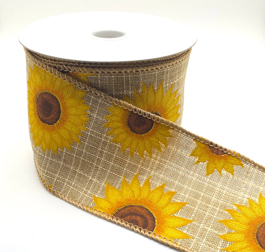 10 Yards - 2.5” Wired Natural Background Sunflower Ribbon