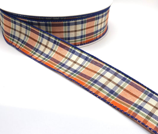 50 Yards - 1.5" Wired Dark Orange Moss Cream Navy Plaid Ribbon