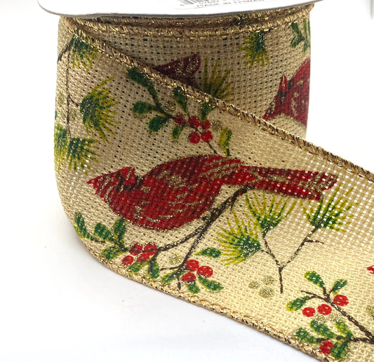 10 Yards - 2.5" Wired Red Cardinal Pine Berry Winter Ribbon