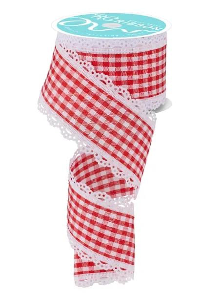 10 Yards - 2.5” Wired Red and White Gingham Background with Lace Edge Ribbon