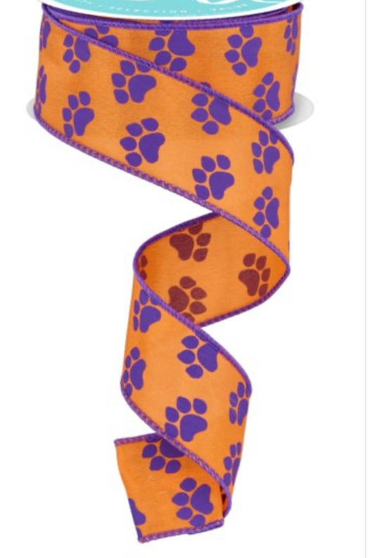 10 Yards - 1.5” Wired Orange and Purple Paw Print Dog Ribbon