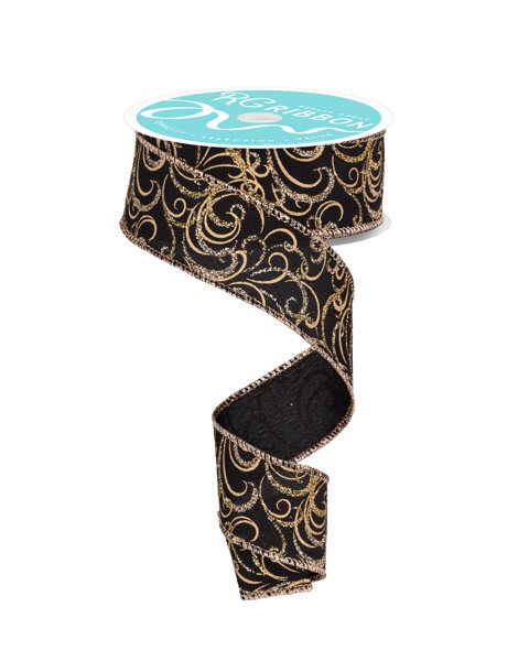 10 Yards - 1.5” Wired Black and Gold Multi Swirl Glitter Ribbon