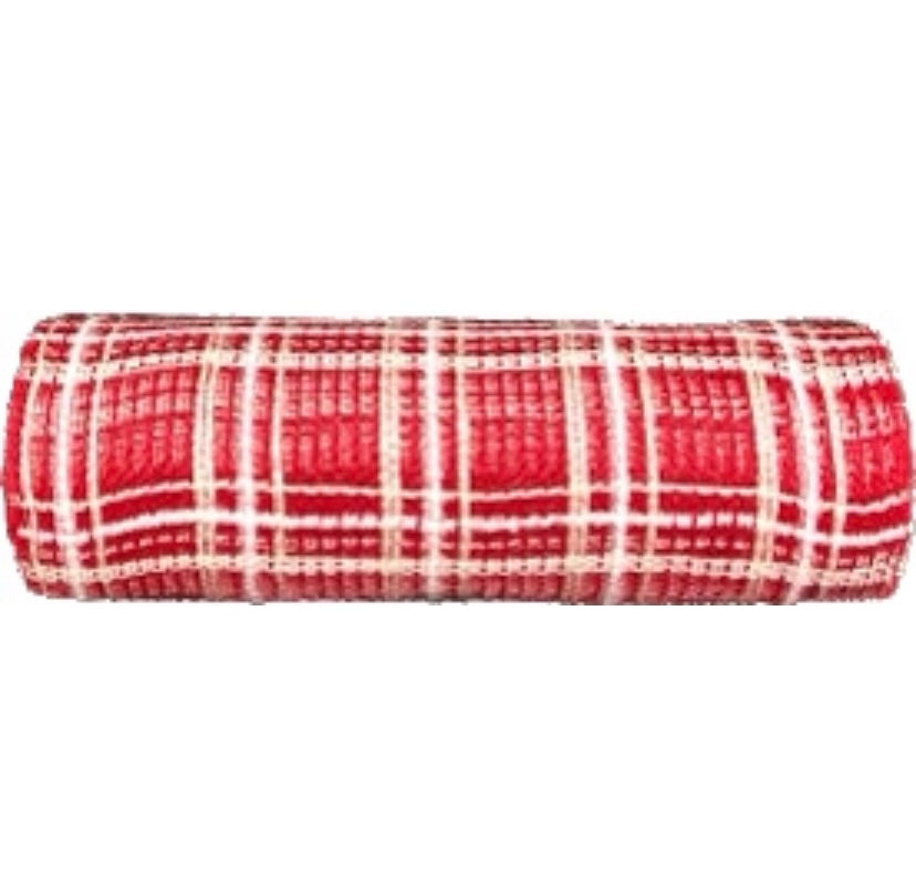 10”x 10 Yards Red, Cream and White Jute Fuzz Plaid Mesh