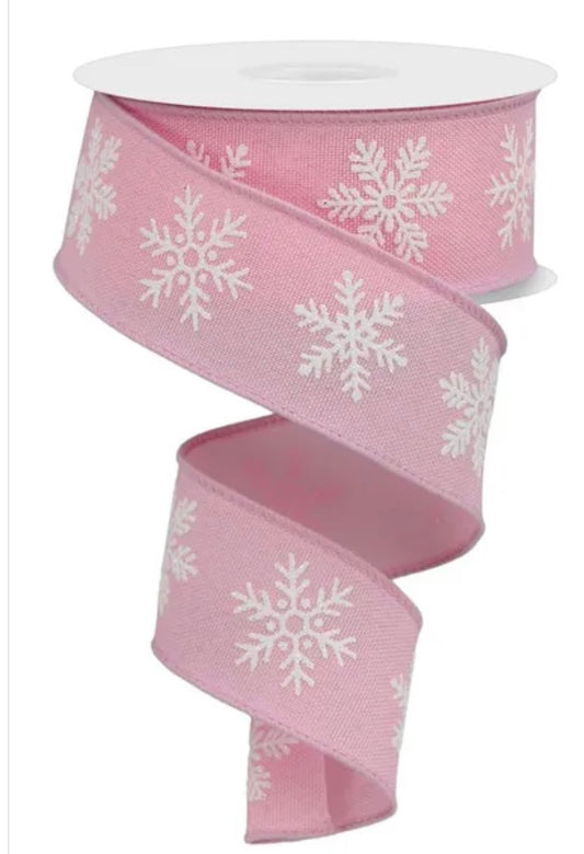 Wired Pink and White Glitter Winter Snowflake Ribbon- 1.5”x10 Yards