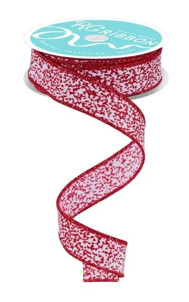 Wired White and Red Irregular Spotted Glitter Ribbon- 7/8”x10 Yards