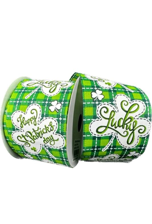 10 Yards - 2.5" Wired Green and White Check Background St Patrick's Day Ribbon