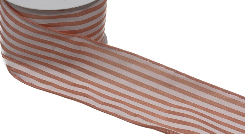 10 Yards - 2.5" Wired Peach and White Stripe Ribbon