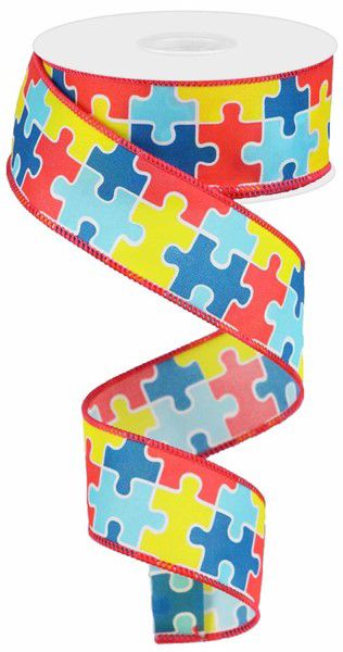 10 Yards - 1.5” Wired Autism Puzzle Piece Ribbon