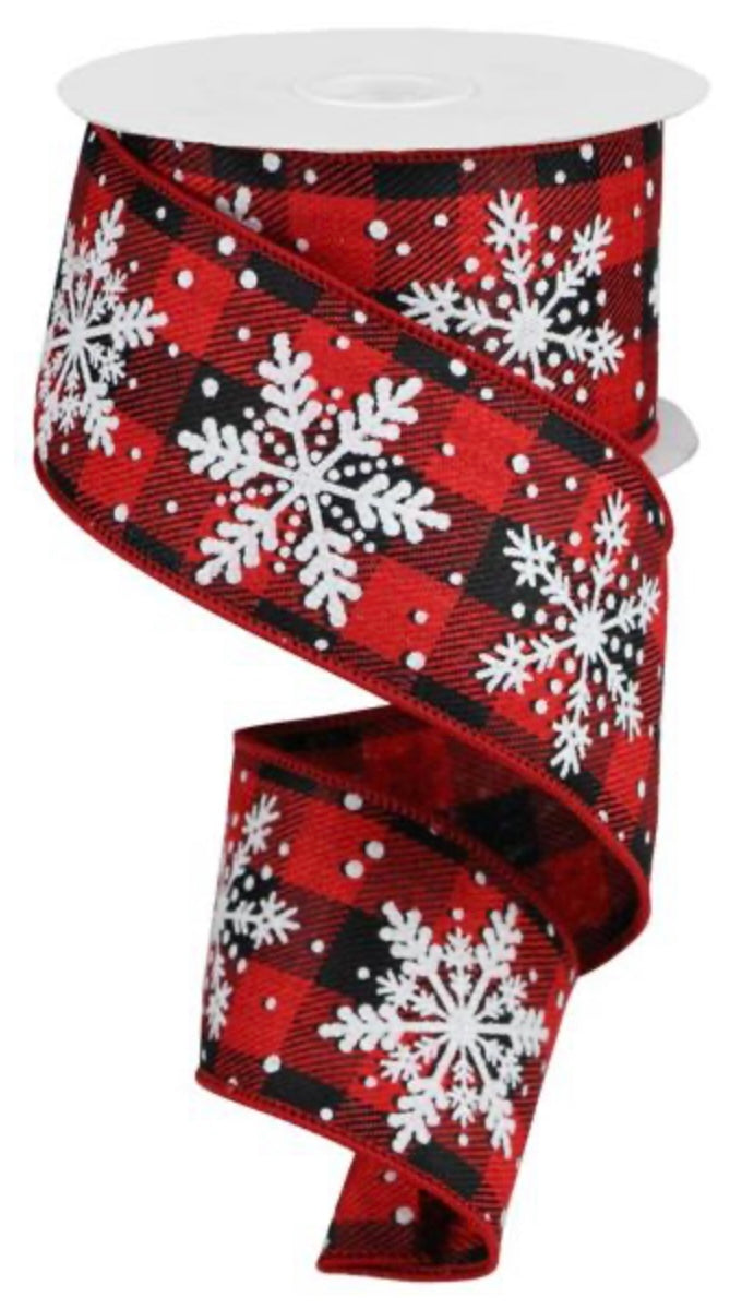 10 Yards - 2.5" Wired Red and Black Check Glitter Snowflake Ribbon