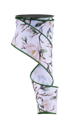Wired Magnolias Green Thrim  Ribbon- 2.5”x10 Yards