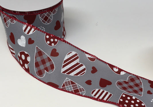 10 Yards - 2.5" Wired Gray Background Valentines Day Heart Ribbon with Glitter Accent