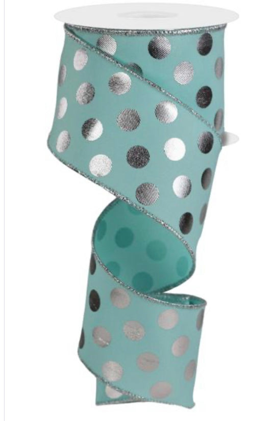 10 Yards - 2.5” Wired Ice Blue and Silver Metallic Polka Dot Ribbon