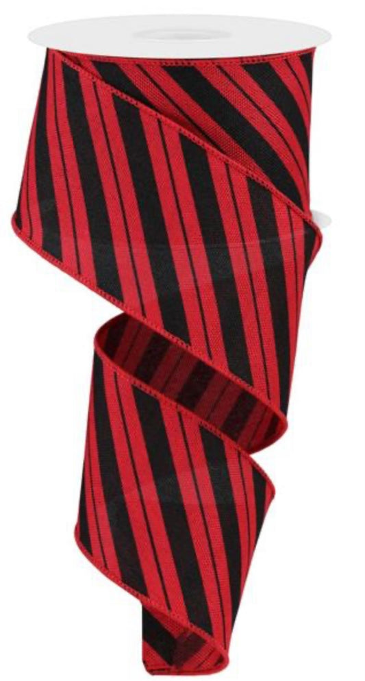 10 yards - 2.5" Wired Red and Black Diagonal Stripe Ribbon