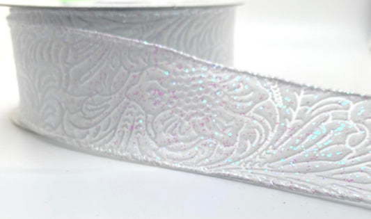 10 Yards - 1.5” Wired White Pink Glitter Floral Embossed Ribbon