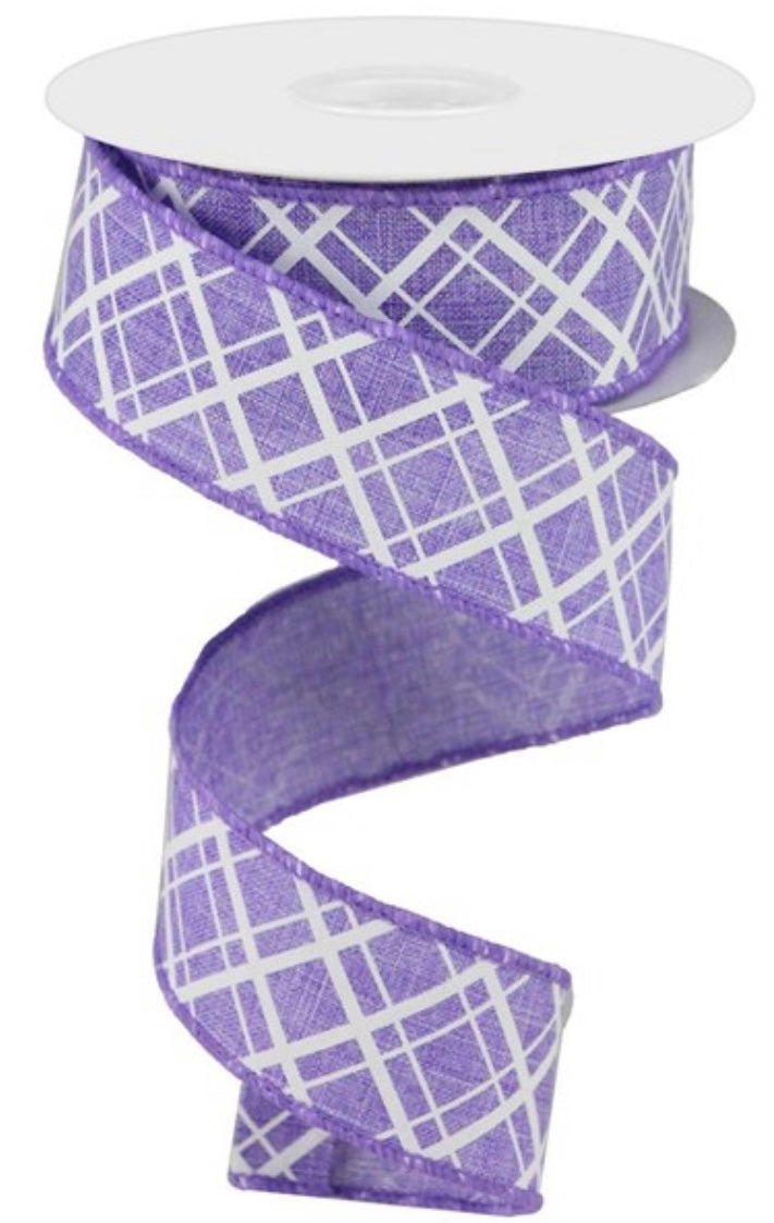 1.5” x 10yd Wired Light Purple and White Thick/Thin Diagonal Check Ribbon