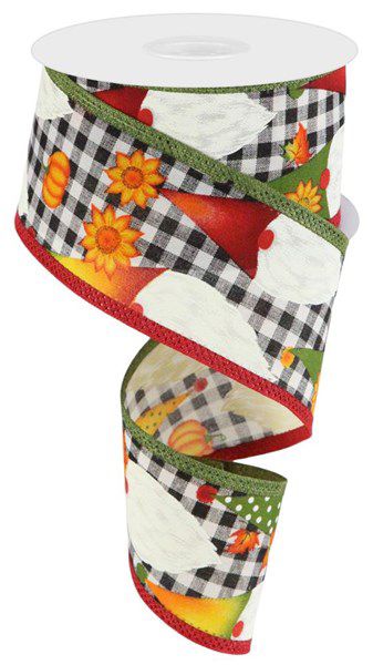 10 Yards - 2.5" Wired Gingham Background Fall Gnome Pumpkin Ribbon