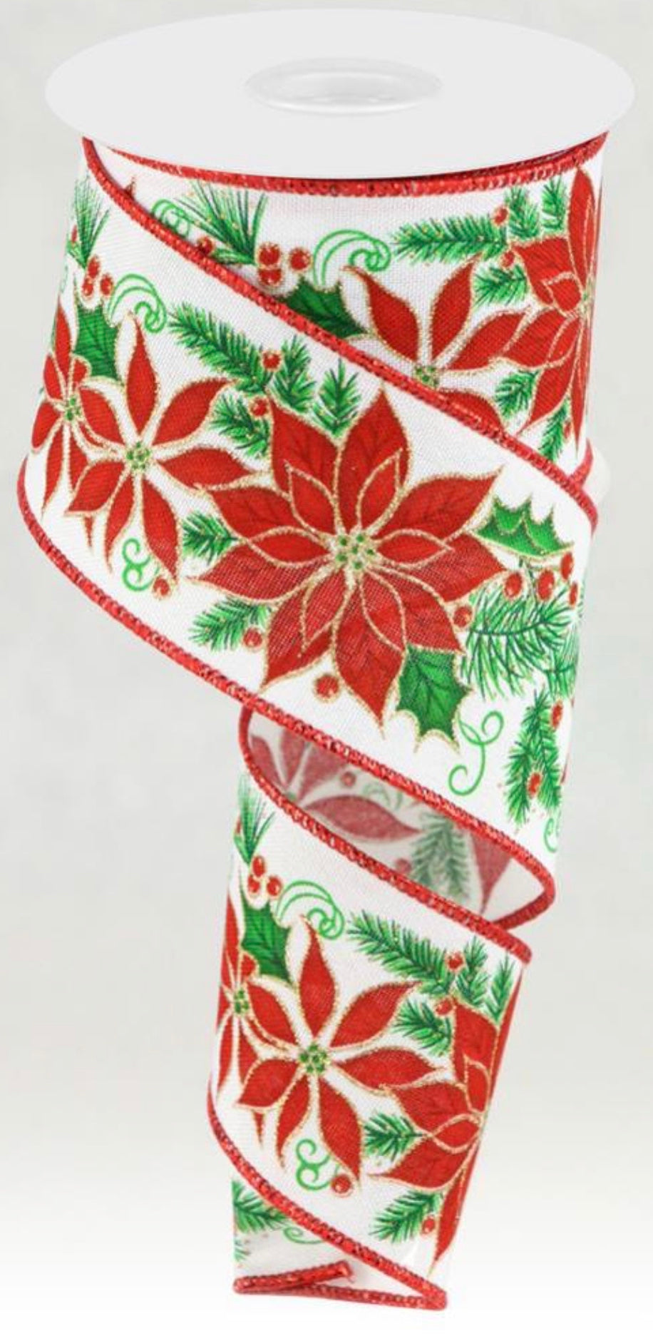 10 Yards - 2.5” Wired Red Poinsettia Christmas Ribbon on White Background with Gold Glitter Accent