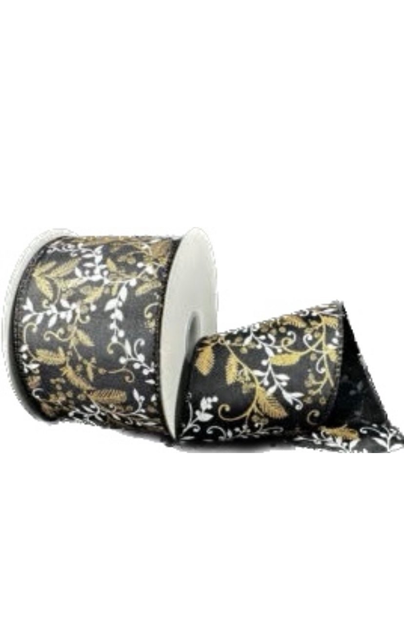Black Satin Vines and Berries Ribbon-2.5”x10 Yards