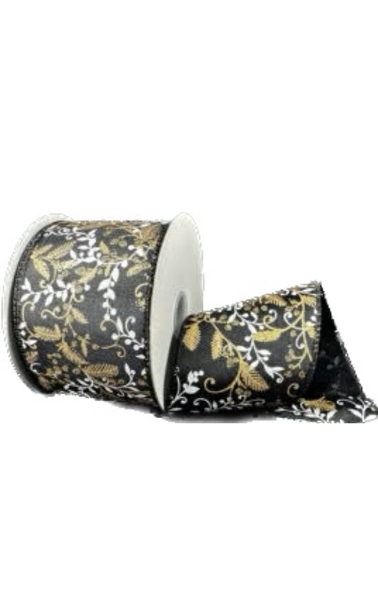Black Satin Vines and Berries Ribbon-2.5”x10 Yards