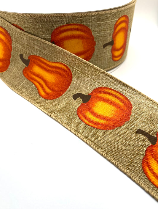 50 Yards - 2.5” Wired Natural Linen Orange Pumpkin Ribbon