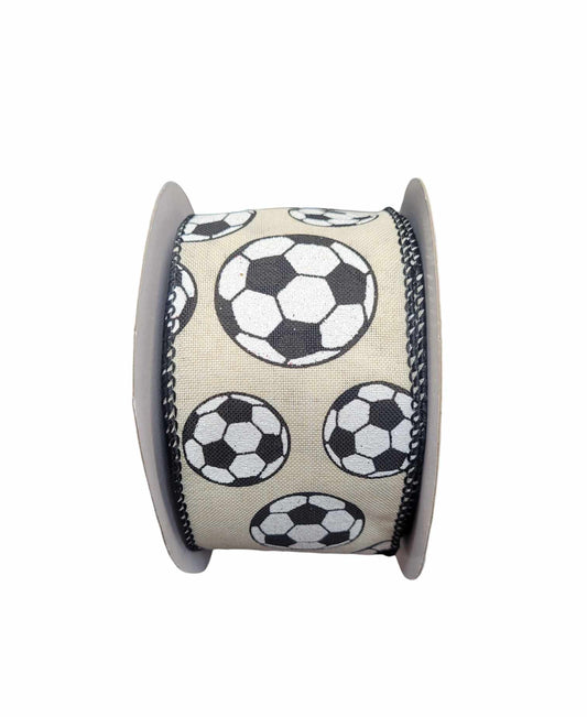 10 yard- 2.5” Cream Background Glitter Soccer Ball Ribbon