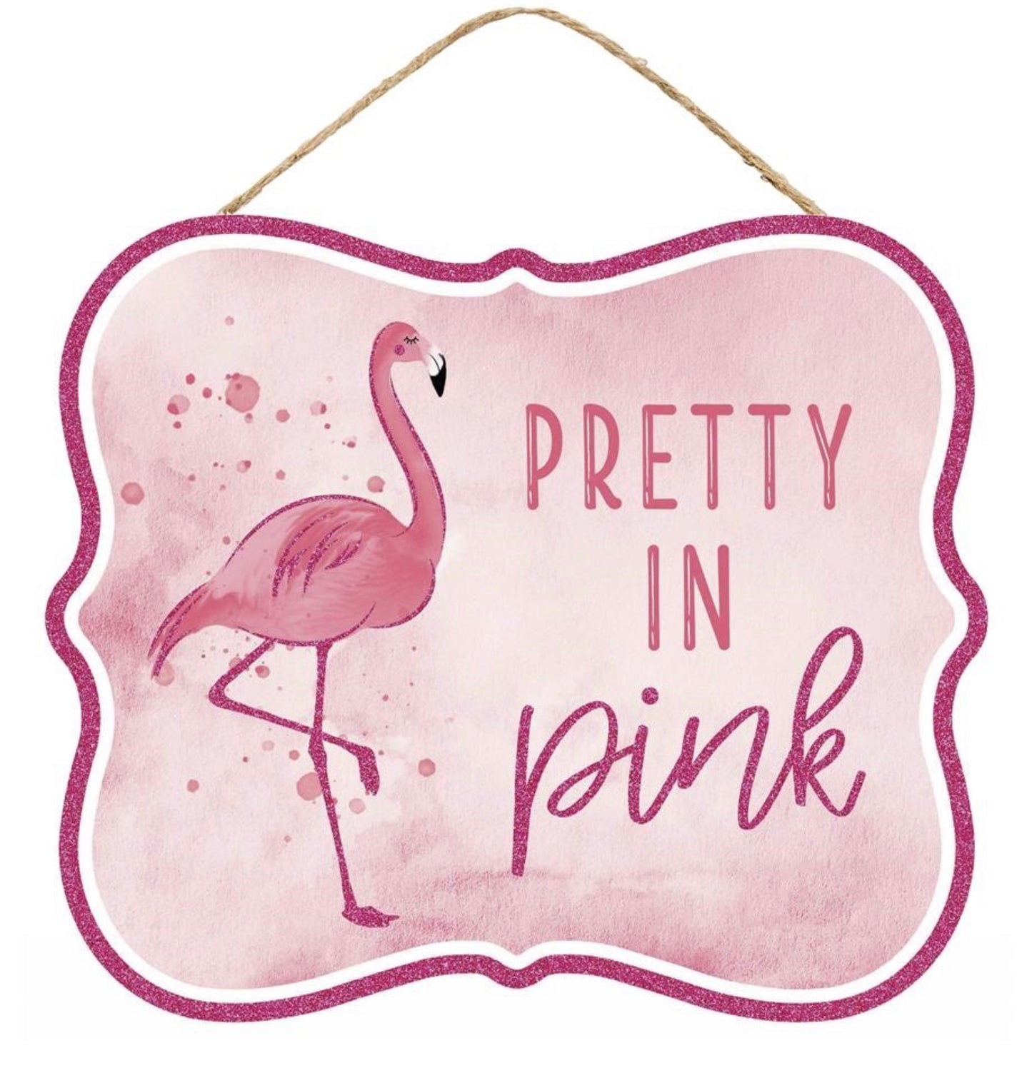 10.5”x9” Pretty in Pink Flamingo Glitter Wreath Sign