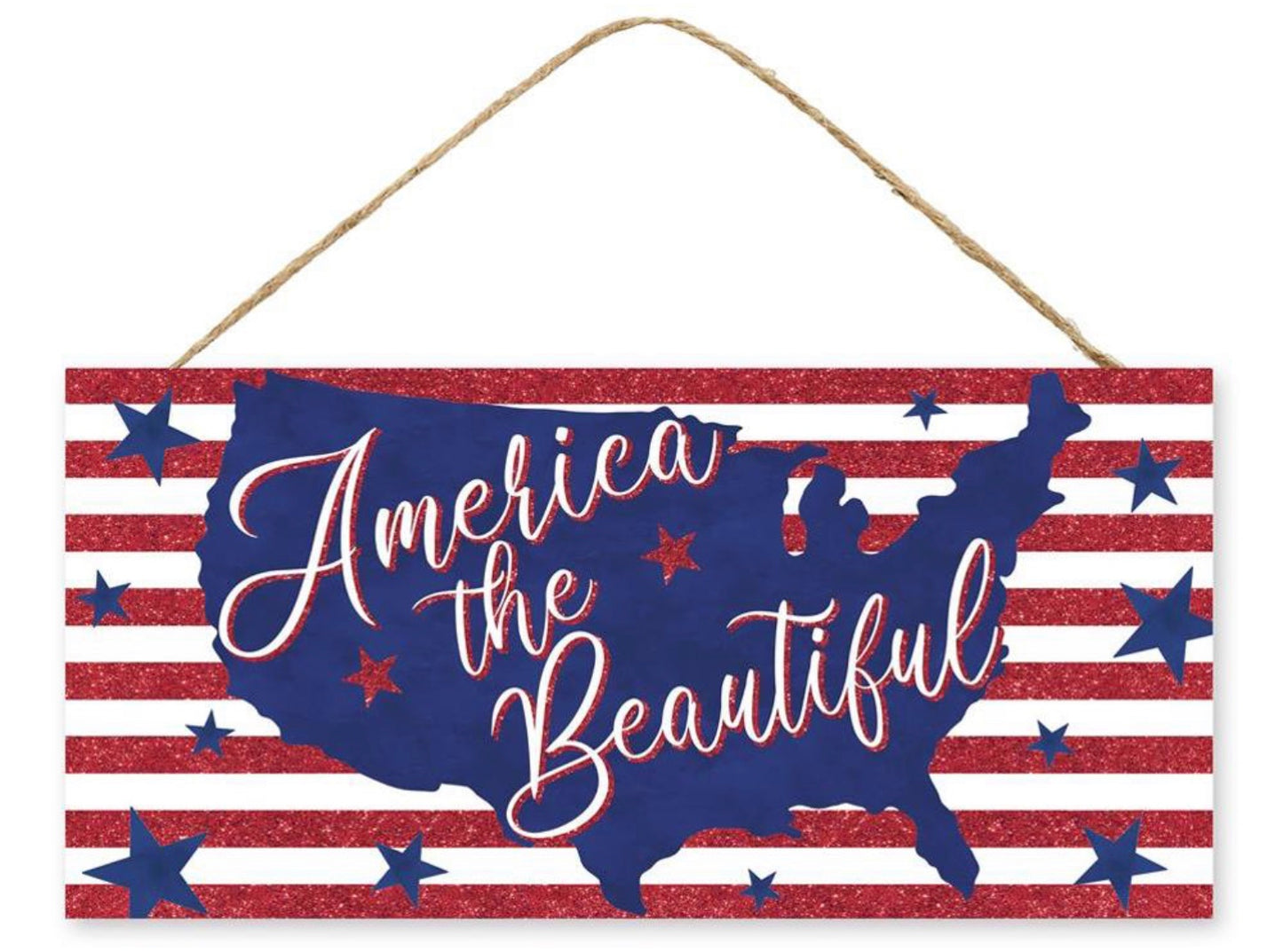 12.5”x6” America the Beautiful Patriotic Glitter Wreath Sign