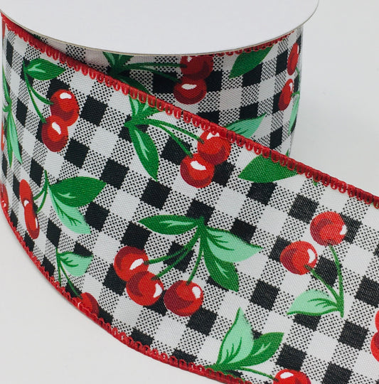 10 Yards - 2.5” Wired Black and White Check Cherry Ribbon