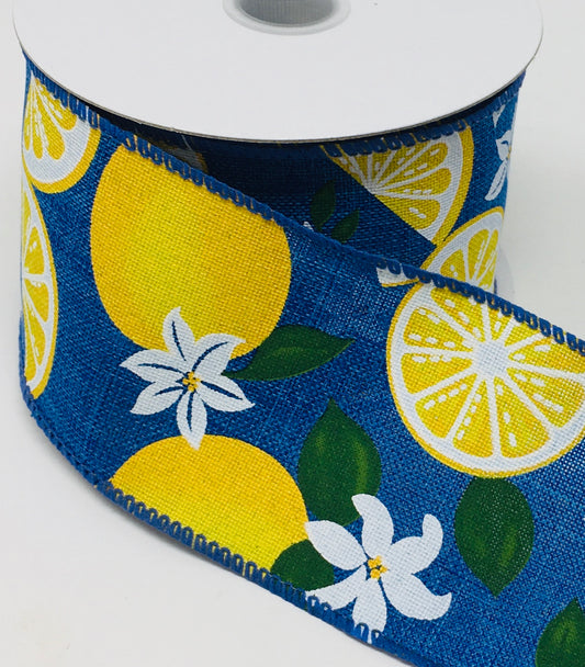 10 Yards - 2.5" Wired Royal Blue Lemon with Flowers Ribbon