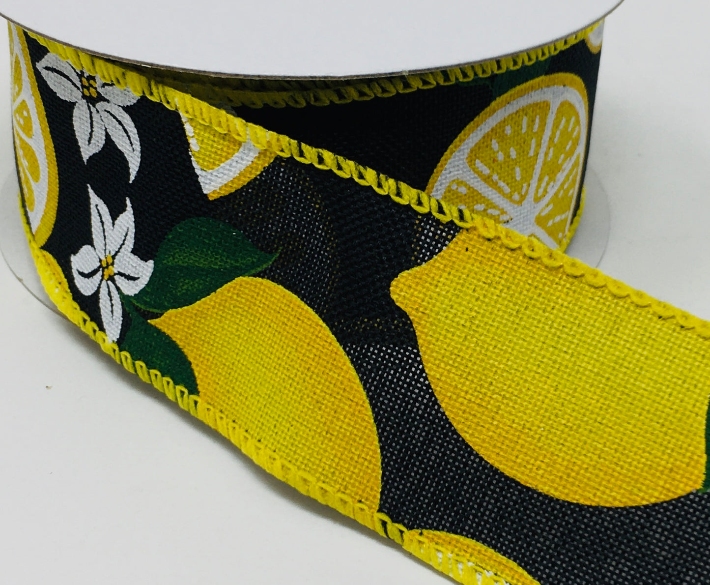 10 Yards - 1.5" Black Background Lemon Floral Ribbon