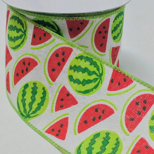 10 Yards - 2.5” Wired White Background Watermelon Ribbon