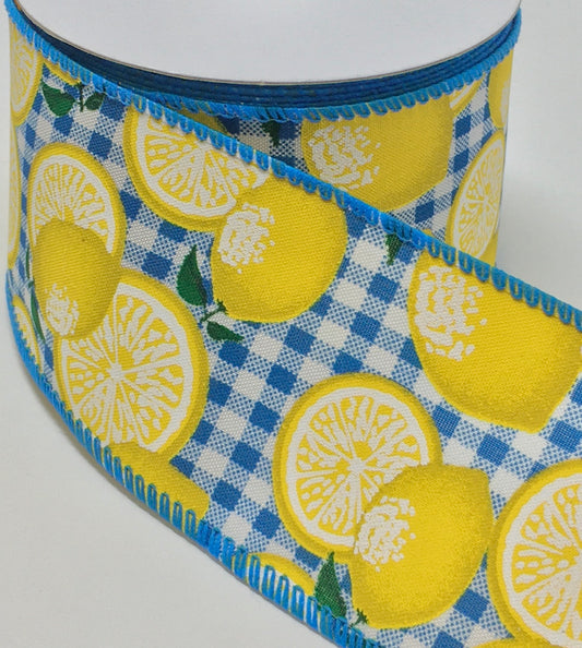 10 Yards - 2.5" Blue and White Check Lemon Ribbon