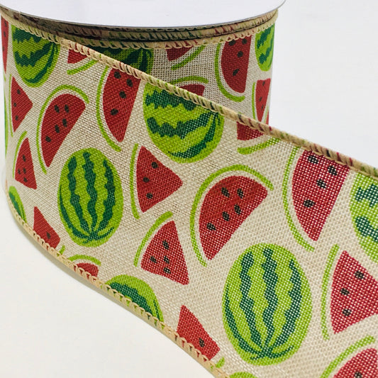 10 Yards - 2.5” Wired Natural Background Watermelon Ribbon