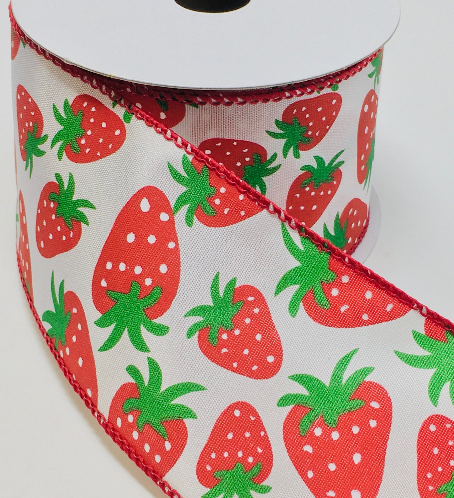 10 Yards - 2.5” Wired White Background Strawberry Ribbon